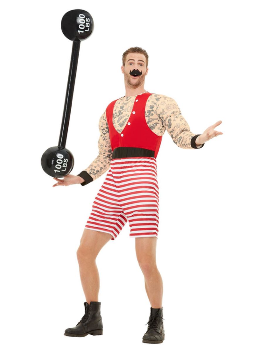 Disfraz de hombre forzudo de circo (del s. XIX, con túnica de leopardo,  bigote y pesa rusa hinchable) : : Juguetes y juegos