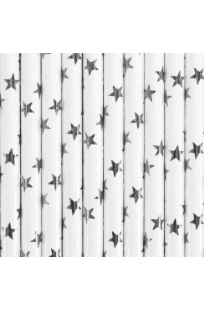 10 pajitas blancas con estrellas plateadas de papel