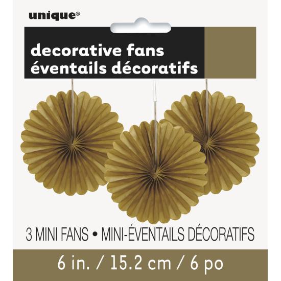 3 Abanicos de papel decorativos dorados (15,2 cm) - Línea Colores Básicos