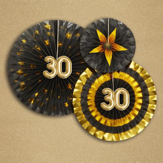 3 Abanicos de papel decorativos variados "30" (21-26-30 cm) - Glitz & Glamour Black & Gold