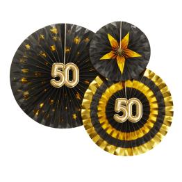 3 Abanicos de papel decorativos variados "50" (21-26-30 cm) - Glitz & Glamour Black & Gold