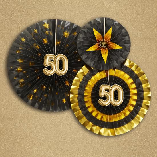 3 Abanicos de papel decorativos variados "50" (21-26-30 cm) - Glitz & Glamour Black & Gold