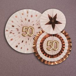 3 Abanicos de papel decorativos variados "50" (21-26-30 cm) - Glitz & Glamour Pink & Rose Gold