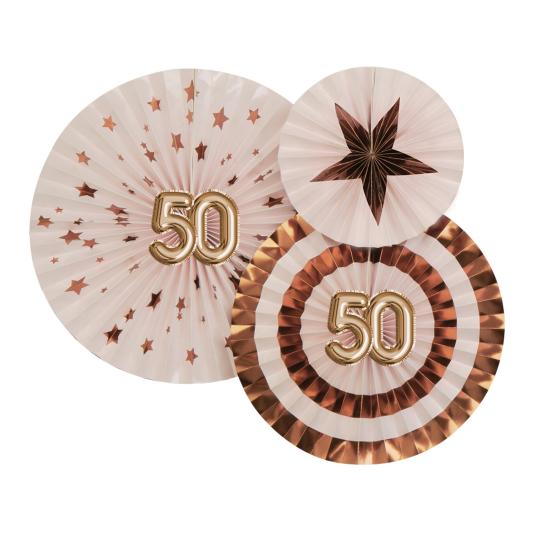 3 Abanicos de papel decorativos variados "50" (21-26-30 cm) - Glitz & Glamour Pink & Rose Gold