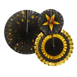 3 Abanicos de papel decorativos variados de papel (21-26-30 cm) - Glitz & Glamour Black & Gold