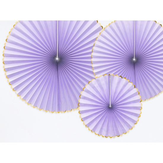 3 abanicos de papel decorativos lilas con borde dorado - Yummy