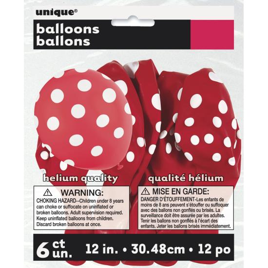 6 globos rojos con topos blancos (30 cm)