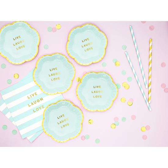 6 platos azules pastel con borde dorado "Live, Laugh, Love" de papel (13 cm) - Yummy 6 platos azules pastel con borde dorado "Live, Laugh, Love" de papel (13 cm) - Yummy