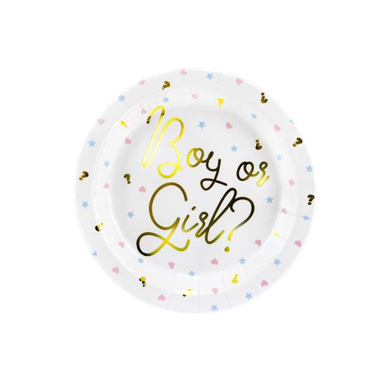 6 platos blancos con inscripción dorada "Boy or Girl?" de papel (23 cm) - Gender Reveal Party
