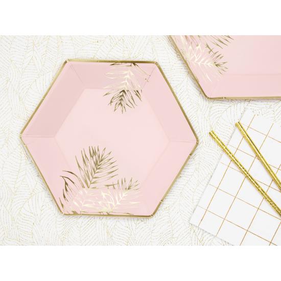 6 platos pentagonales rosas con hojas doradas de papel (23 cm) 6 platos pentagonales rosas con hojas doradas de papel (23 cm)