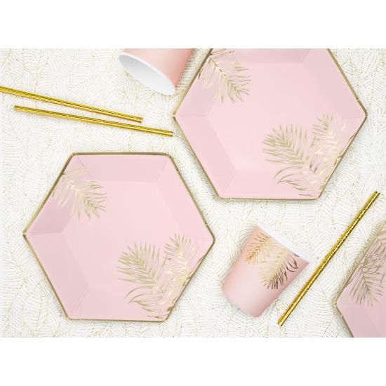 6 platos pentagonales rosas con hojas doradas de papel (23 cm) 6 platos pentagonales rosas con hojas doradas de papel (23 cm)