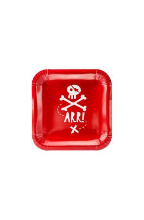 6 platos rojos cuadrados "Arr!" de papel (20 cm) - Pirates Party