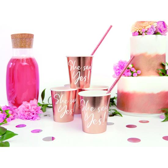 6 vasos "She said yes!" oro rosa de papel - Rose Gold Bride To Be