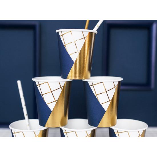 6 vasos estampado geométrico azul oscuro y dorado de papel para nochevieja - Happy New Year Collection