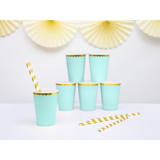 6 vasos verde menta pastel con borde dorado de papel - Yummy