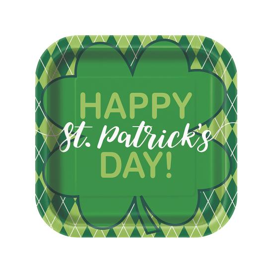 8 platos cuadrados de cuadros verdes Happy St Patrick's Day (23 cm)