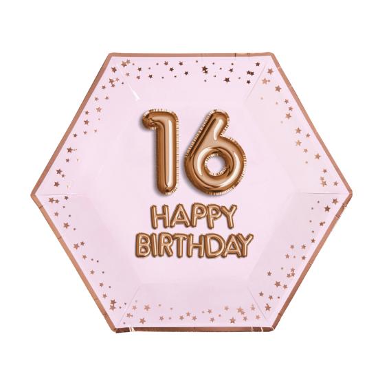 8 platos hexagonales "16 Happy Birthday" de papel (27 cm) - Glitz & Glamour Pink & Rose Gold 8 platos hexagonales "16 Happy Birthday" de papel (27 cm) - Glitz & Glamour Pink & Rose Gold