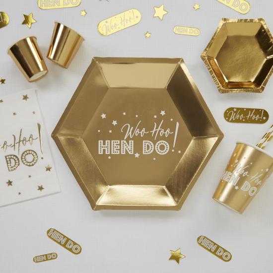 8 platos hexagonales dorados de papel (27 cm) - Woo Hoo Hen Do 8 platos hexagonales dorados de papel (27 cm) - Woo Hoo Hen Do