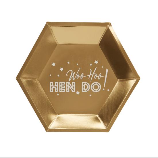 8 platos hexagonales dorados de papel (27 cm) - Woo Hoo Hen Do 8 platos hexagonales dorados de papel (27 cm) - Woo Hoo Hen Do