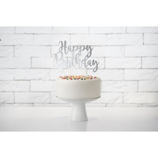 Decoración para tarta "Happy Birthday" plateado - Black & White