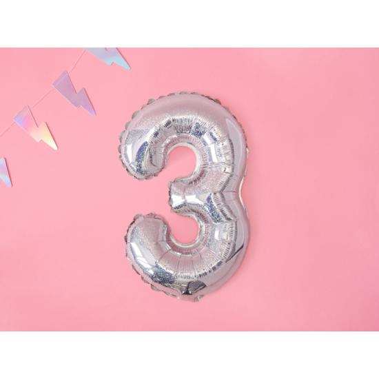 Globo foil "3" plateado con purpurina (35 cm)