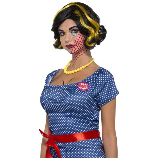 Peluca Pop Art morena con mechas rubias para mujer