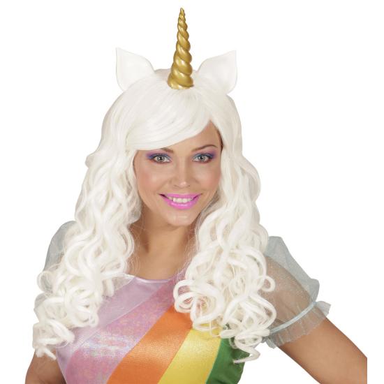 Peluca Blanca con Cuerno de Unicornio.