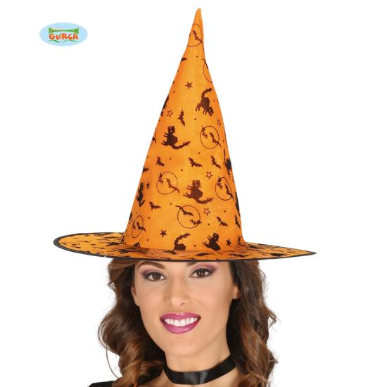 Sombrero de bruja naranja con gatos y murciélagos para mujer