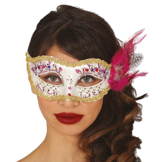 Antifaz Blanco con pluma rosa Antifaz Blanco con pluma rosa