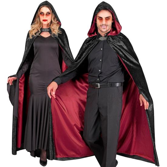 Capa con capucha terciopelo negro y forro rojo – 140 cm