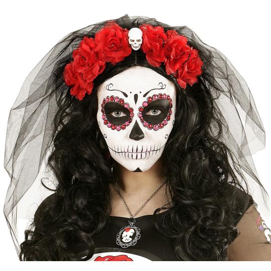 Diadema 6 Rosas Rojas con Calavera y Velo Diadema 6 Rosas Rojas con Calavera y Velo