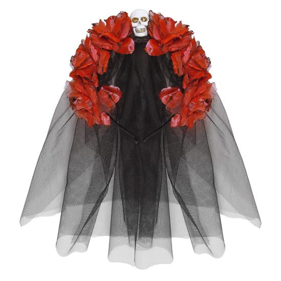 Diadema 6 Rosas Rojas con Calavera y Velo Diadema 6 Rosas Rojas con Calavera y Velo