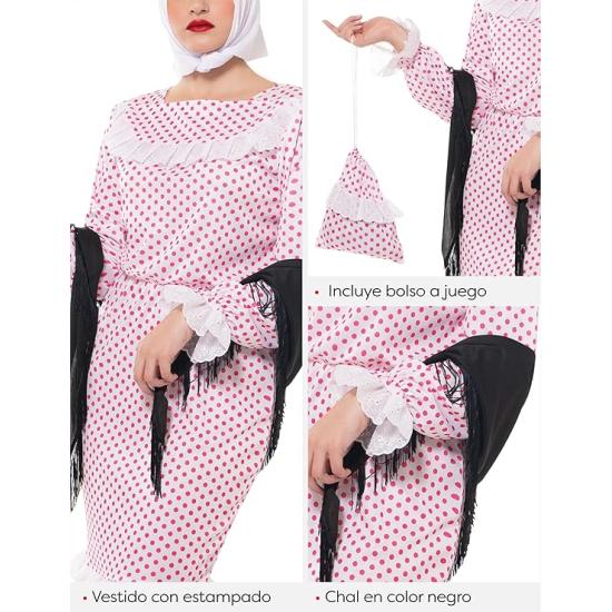 Disfraz Chulapa Deluxe mujer, Vestido, chal, pañuelo, clavel y bolso, Talla Estandard, Licencia Oficial para San Isidro, Chulapos, Chotis, Madrileño