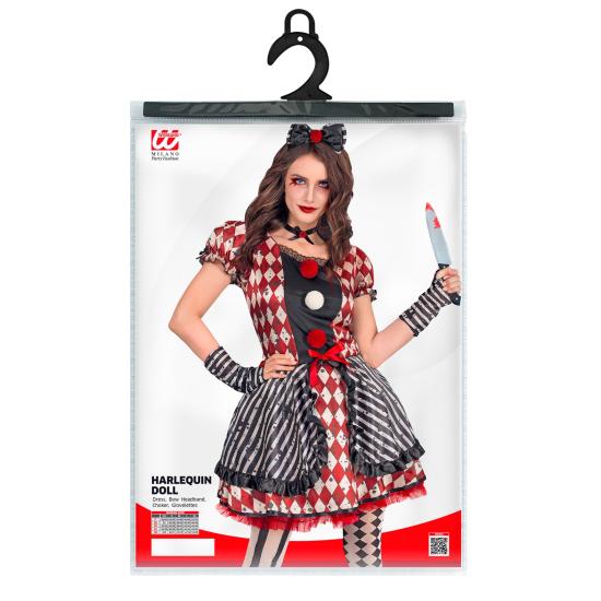 Disfraz “Muñeca Arlequín” para mujer – vestido con lazo, gargantilla y guantes Disfraz “Muñeca Arlequín” para mujer – vestido con lazo, gargantilla y guantes