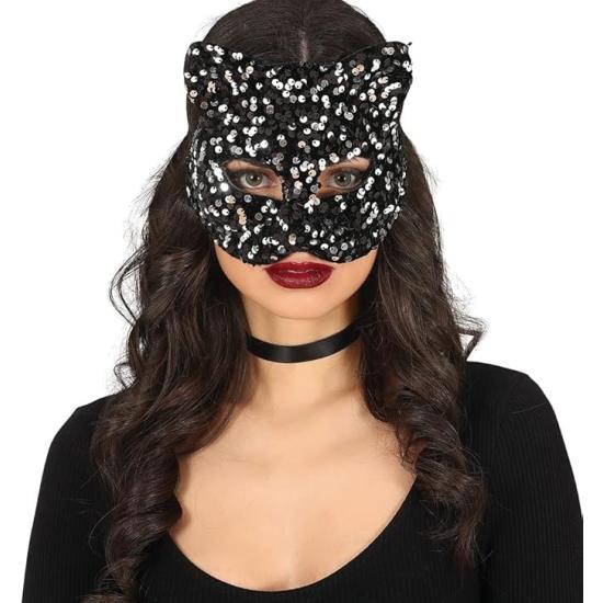 Máscara de gato con lentejuelas plateadas – Accesorio de disfraz – Cosplay para Halloween – Tema(s):