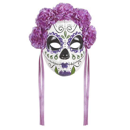 Máscara Dia de Los Muertos decorada Rosas Moradas