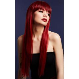 Peluca Fever Jessica, mezcla auténtica, Rojo rubí, Raíces oscuras, largo con capas y flequillo, 66 cm