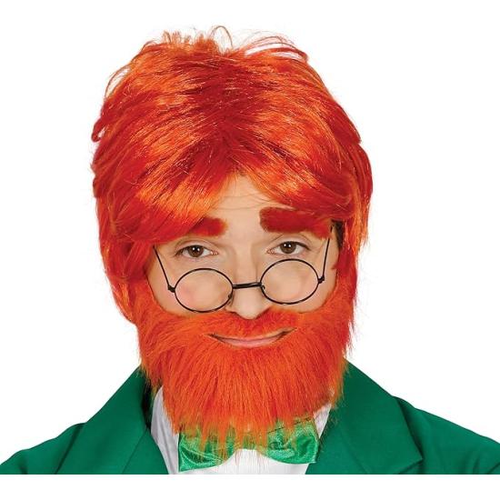 Peluca pelirroja con barba en caja, Color rojo, Leprechaun