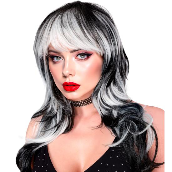 Peluca “Vampirosa” – larga con flequillo (Negra/Blanca y Negra/Roja)