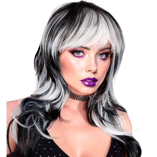 Peluca “Vampirosa” – larga con flequillo (Negra/Blanca y Negra/Roja)