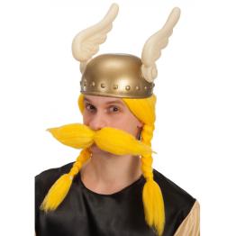 Peluca vikingo amarilla con bigote en estuche
