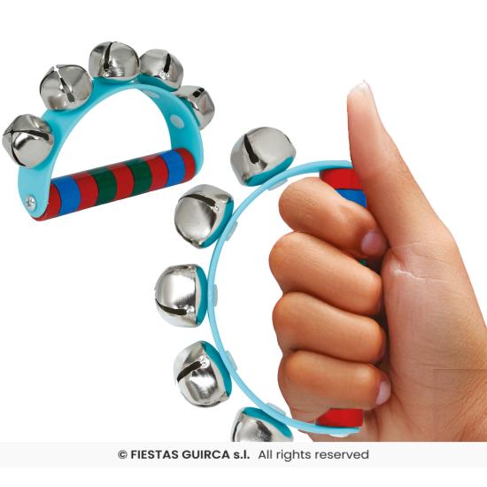 Sonajero de Cascabeles de Madera (9x11 cm) - Instrumento Musical Infantil con Asa de Colores - Ideal para Navidad, Fiestas y Animación